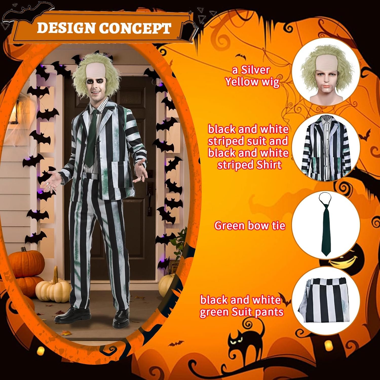 Adult Men Costume Black and White Striped Suit with Wig for Halloween Cosplay Party Outfit Horror Movie Character - Image 6