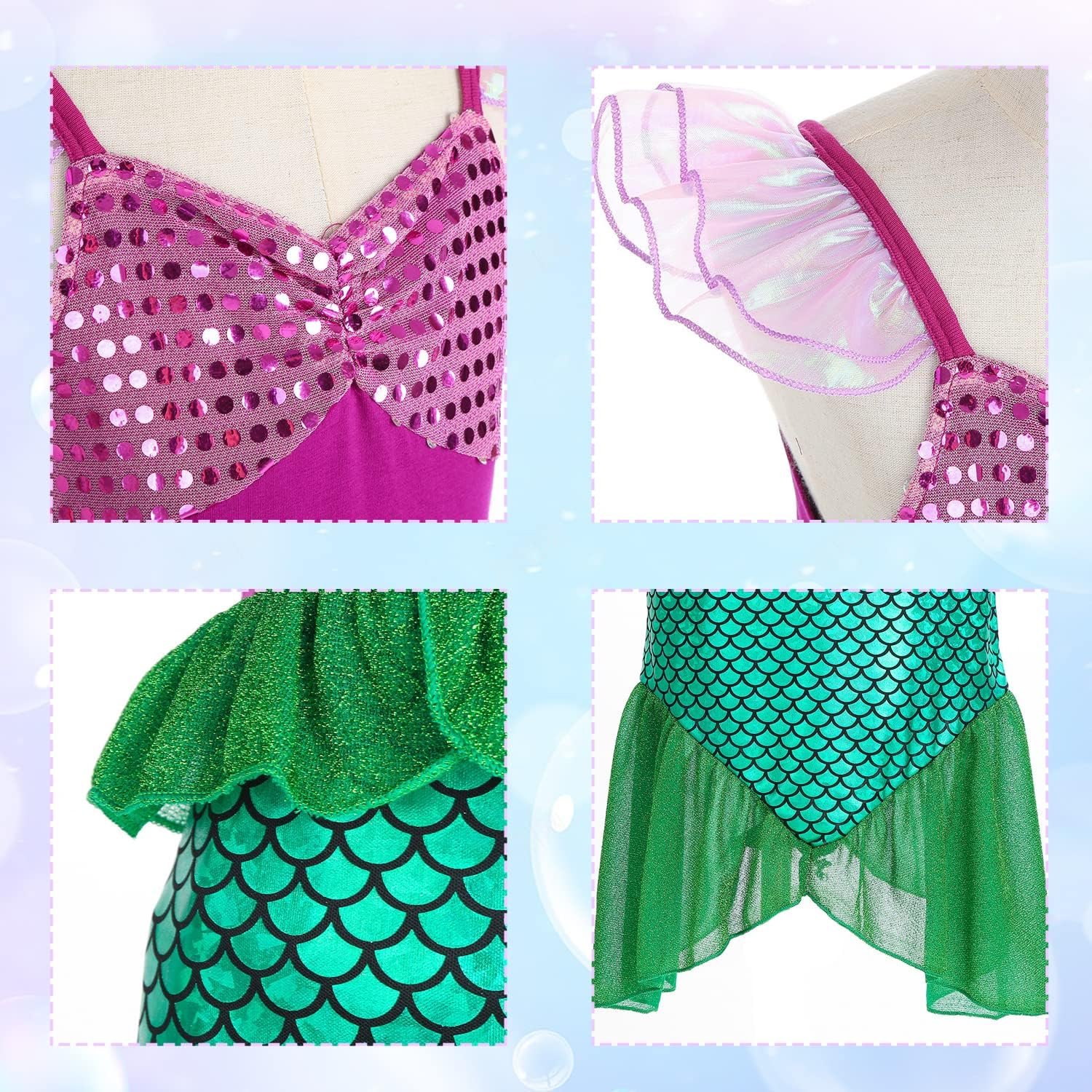 Little Girls Mermaid Costume Princess Dress Up Ariel Outfits with Accessories Wig Birthday Party Halloween Cosplay, Green, 2-3 Years(Tag 100) - Image 5