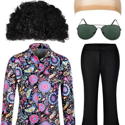 Mepase 6 Pcs Men 70s Disco Costumes Include Retro Shirt Bell Bottom Pants Wig Sunglasses Necklace Wig Cap for Disco Party