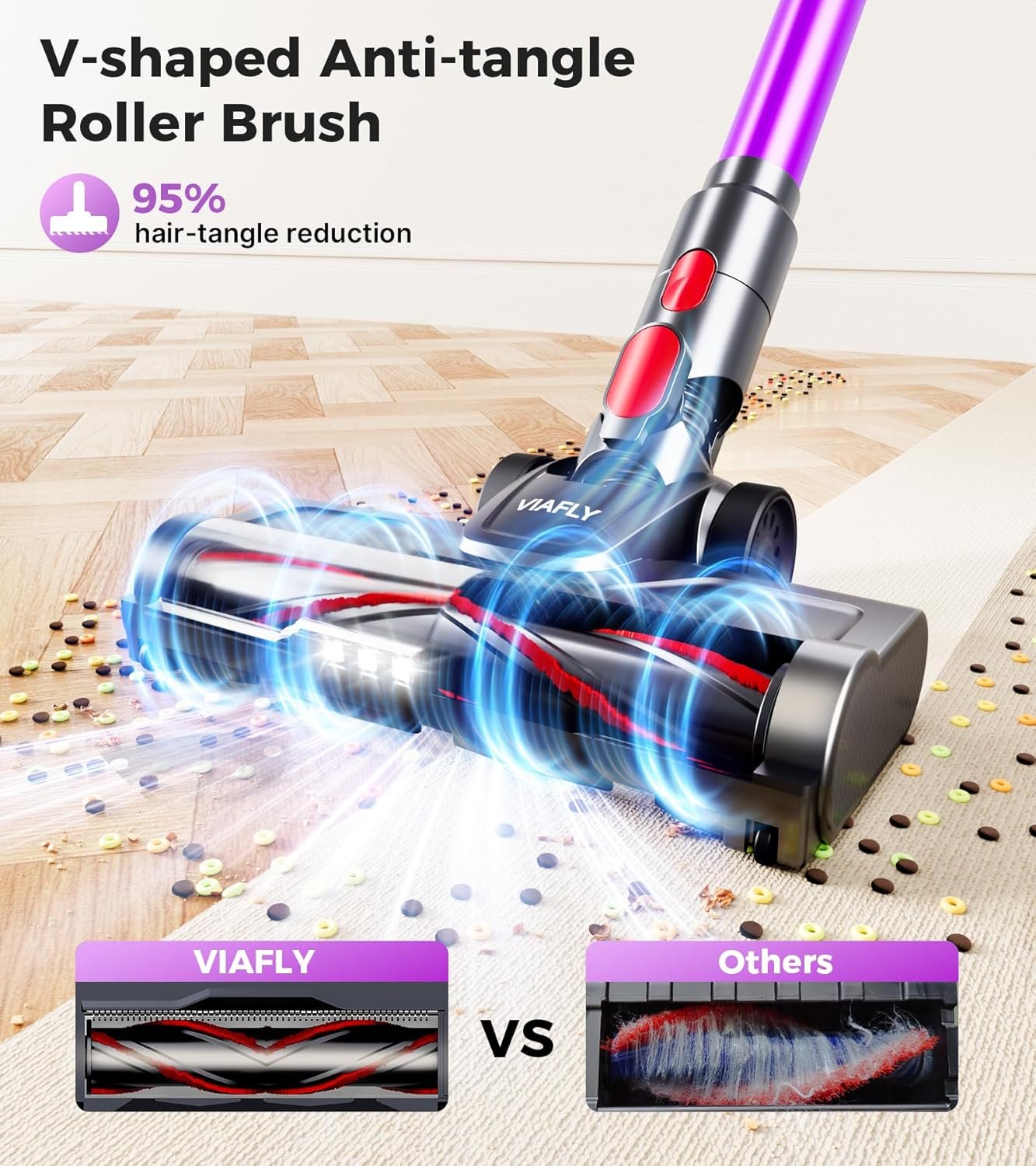 Cordless Vacuum Cleaner, 500W 40Kpa 60Mins Vacuum Cleaners for Home, Anti-tangle Stick Vacuum with Self-Standing, Wall Mount Charging, LED Display, 8-in-1 Wireless Vacuum for Carpet Pet Hair Hardfloor - Image 7