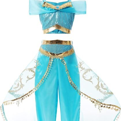 Jasmine Costume for Girls Blue Princess Costume for Kids Dress Up Outfit Birthday Cosplay Party Supplies