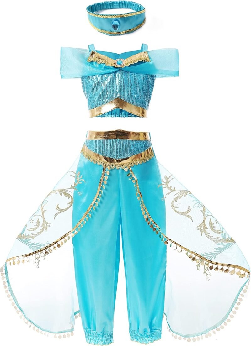 Jasmine Costume for Girls Blue Princess Costume for Kids Dress Up Outfit Birthday Cosplay Party Supplies