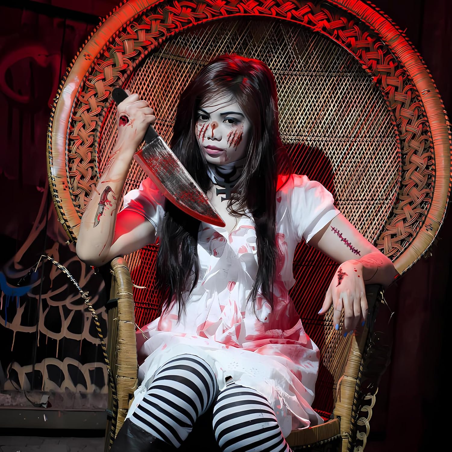 2Pcs Fake Chucky Knife with 30pcs Tattoo Stickers,Halloween Bloody Ghostface Props Toy Knife Set Horror Movie Scream Props Knife Scary for Halloween Costume Cosplay Accessories and Makeup Parties - Image 6