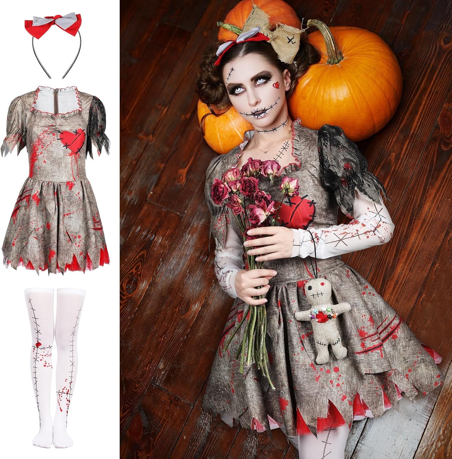 Libima Voodoo Costume Women Creepy Doll Cosplay Dress Set Silk Stockings Gloves Scar Tattoos Sticker Bow Headpiece - Image 5