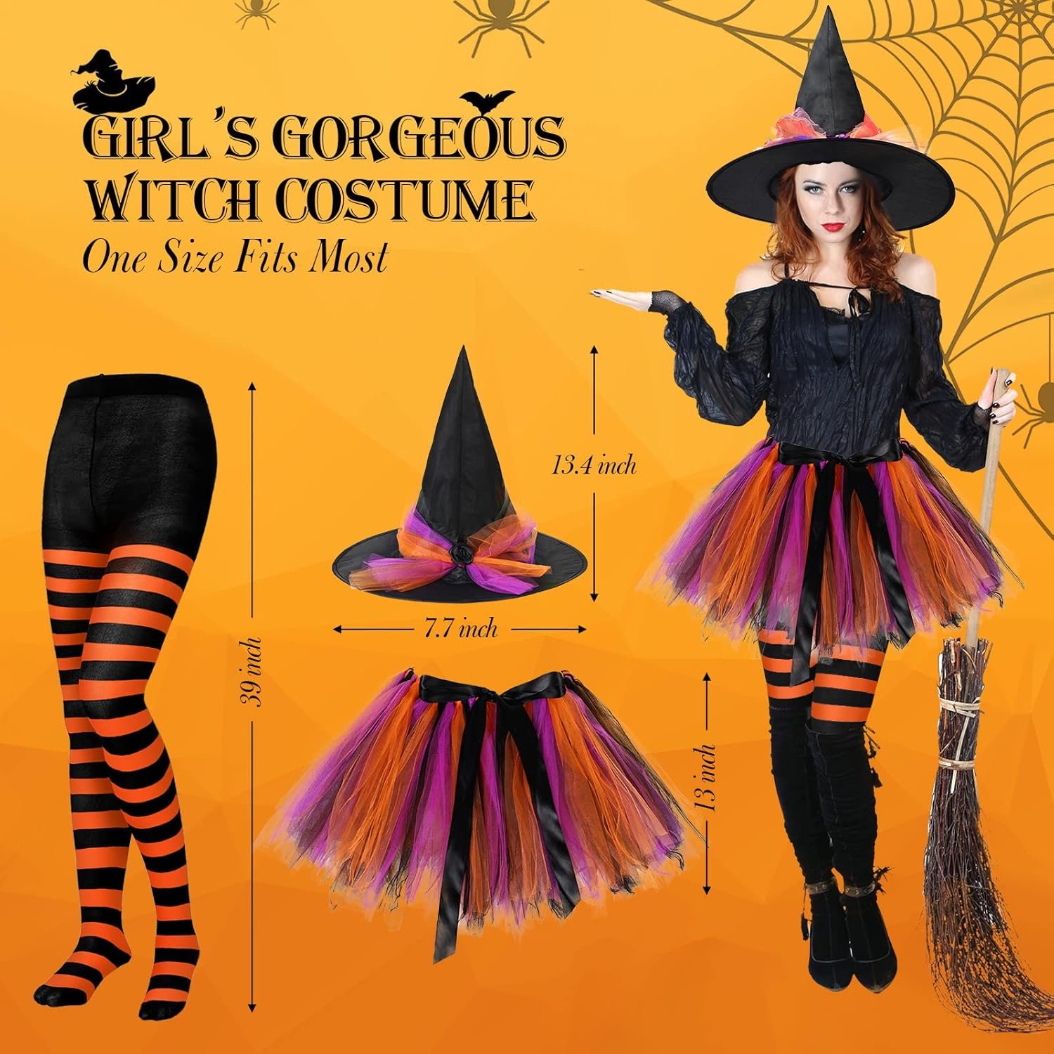 SATINIOR Halloween Witch Costume for Women 2025 Halloween Witch Hat Tutu Skirt and Striped Tights for Cosplay Party(Orange Black) - Image 4