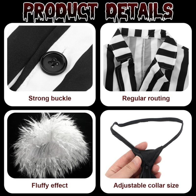 Jeyiour 5 Pcs Black and White Striped Halloween Suit Costume Set with Suit, Pants, White Wig, Black Tie and Fake Collar for 80s Scary Movie Halloween Cosplay Party Outfit - Image 3