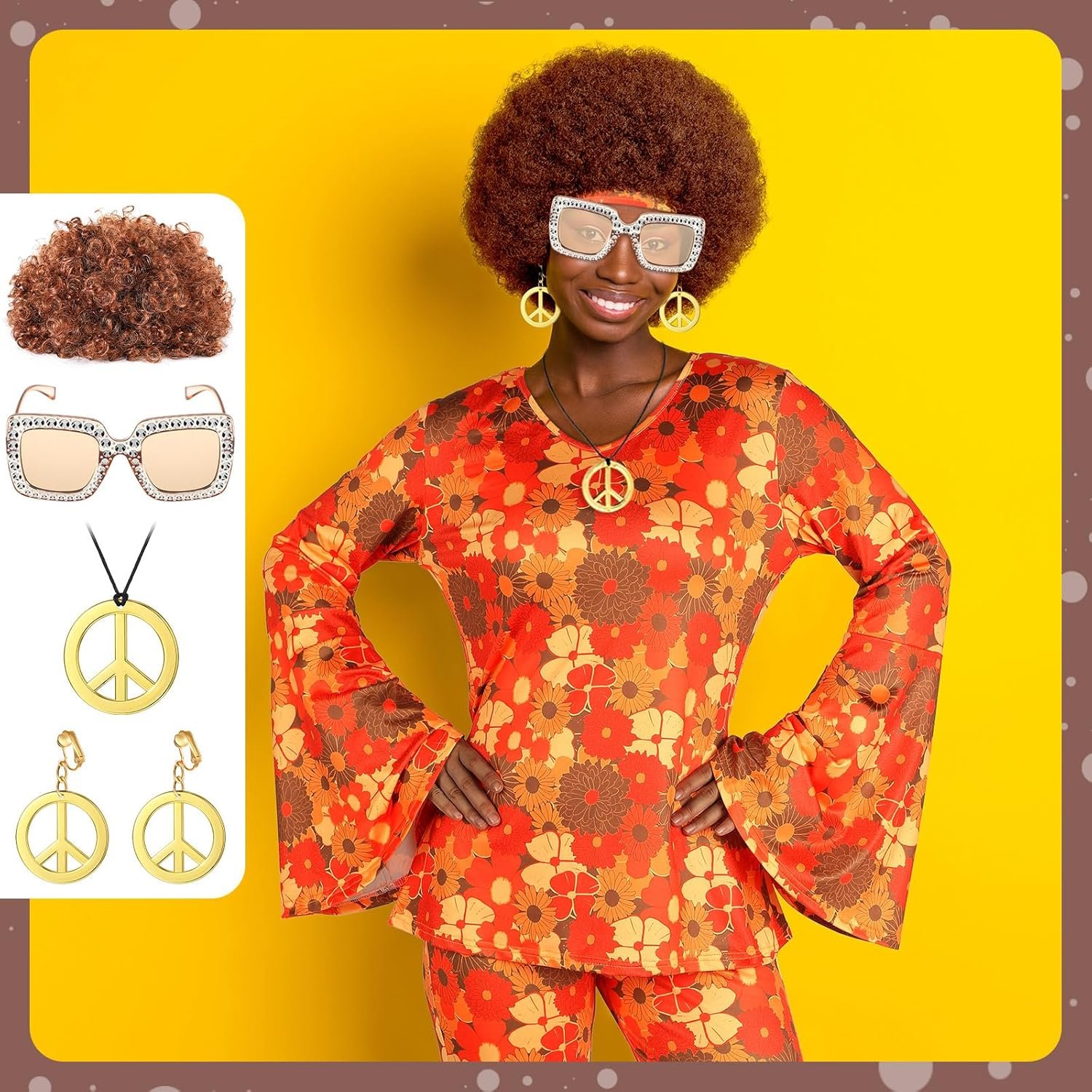 Shihanee 7 Pcs Women 70s Hippie Costume Accessories Disco Outfits Earring Necklace Headband Wig Glasses - Image 5