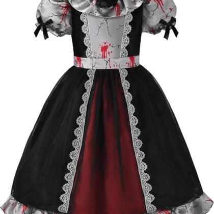 ReliBeauty Kids Broken Creepy Doll Costume for Girls Halloween Costumes,Black & Grey