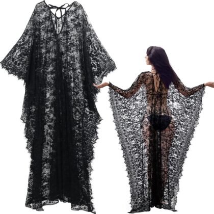 Mepase Boho Witch Lace Kimono Kaftan Dress Robe Bikini Swimsuit Beach Cover up for Women Maternity Halloween Vampire Costume