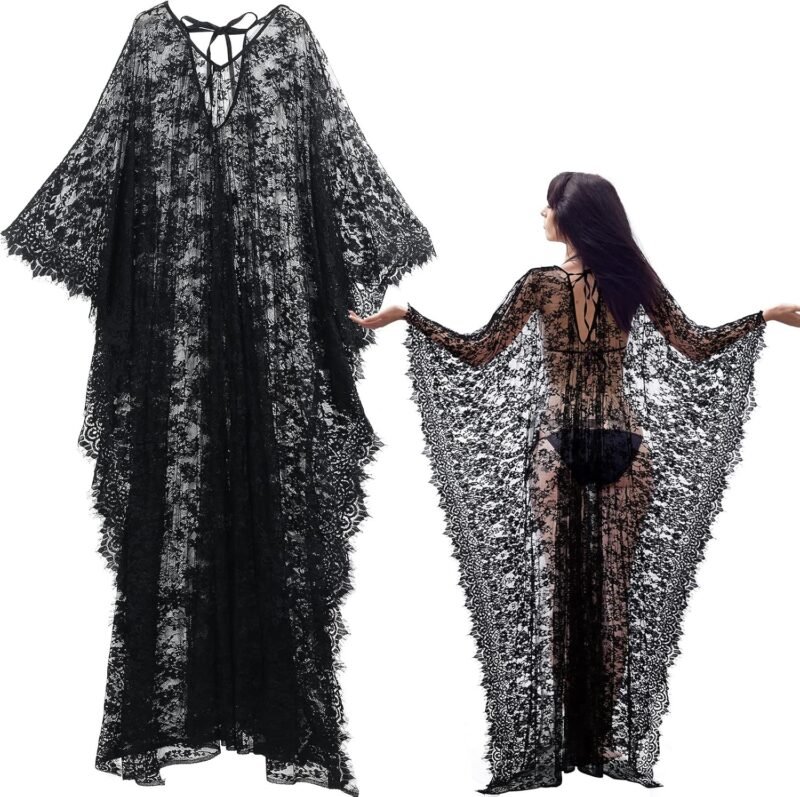 Mepase Boho Witch Lace Kimono Kaftan Dress Robe Bikini Swimsuit Beach Cover up for Women Maternity Halloween Vampire Costume