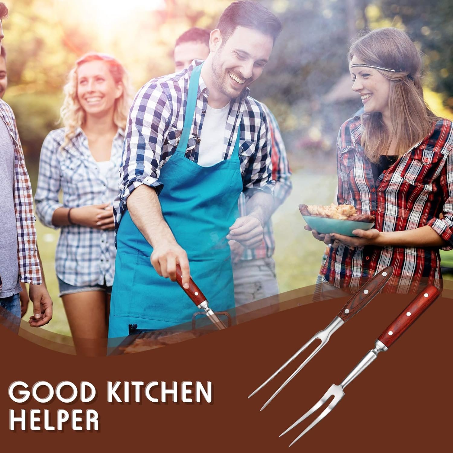 Patelai 2 Pcs Carving Meat Forks 12 in and 14 in Kitchen Stainless Steel Serving Grilling Beef Forks with Wooden Handle Xmas Large Cooking Forged Set for Home Family Party Roast BBQ Tools - Image 5