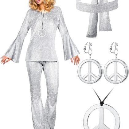 Haysandy 70s Women Disco Costume Set Disco Outfit Shinning Sparkly Dress Jumpsuit for Carnival Halloween