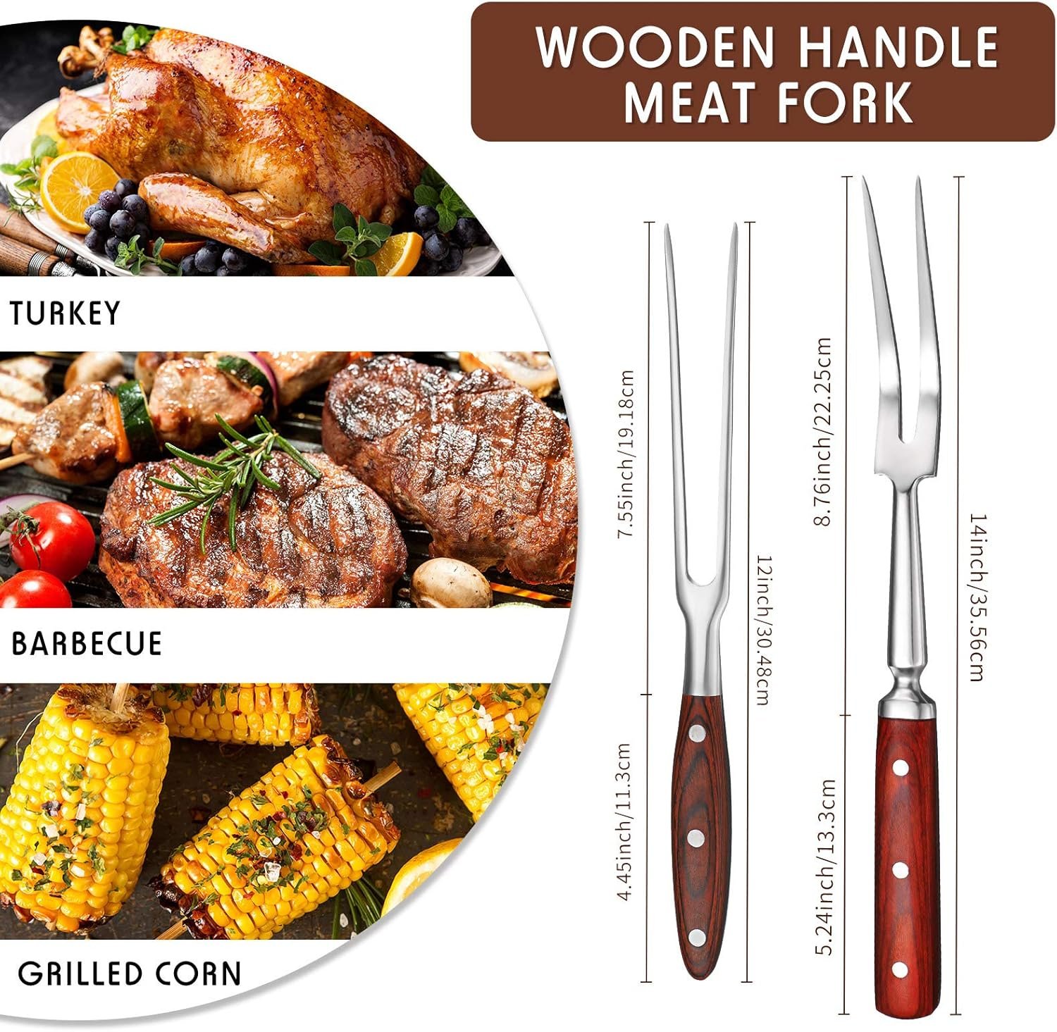 Patelai 2 Pcs Carving Meat Forks 12 in and 14 in Kitchen Stainless Steel Serving Grilling Beef Forks with Wooden Handle Xmas Large Cooking Forged Set for Home Family Party Roast BBQ Tools - Image 2