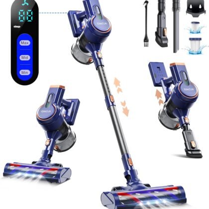 Cordless Vacuum Cleaner, 23kpa Powerful Lightweight Stick Vac with LED Headlights, 3 Modes, 45 Mins Runtime, Rechargeable Portable Handheld Vacuums for Home, Carpet, Hard Floor, and Pet Hair (Blue)