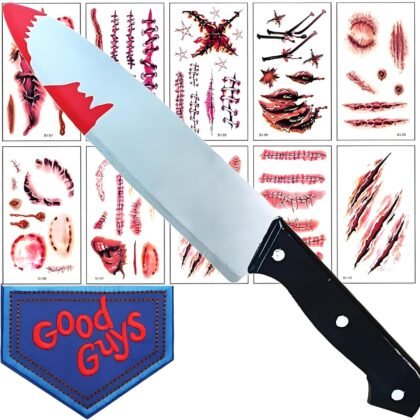 Halloween Fake Knife Props, Good Guy Patch, 10 Halloween Scar Tattoo Stickers, for Halloween Chuckys Costume Accessories