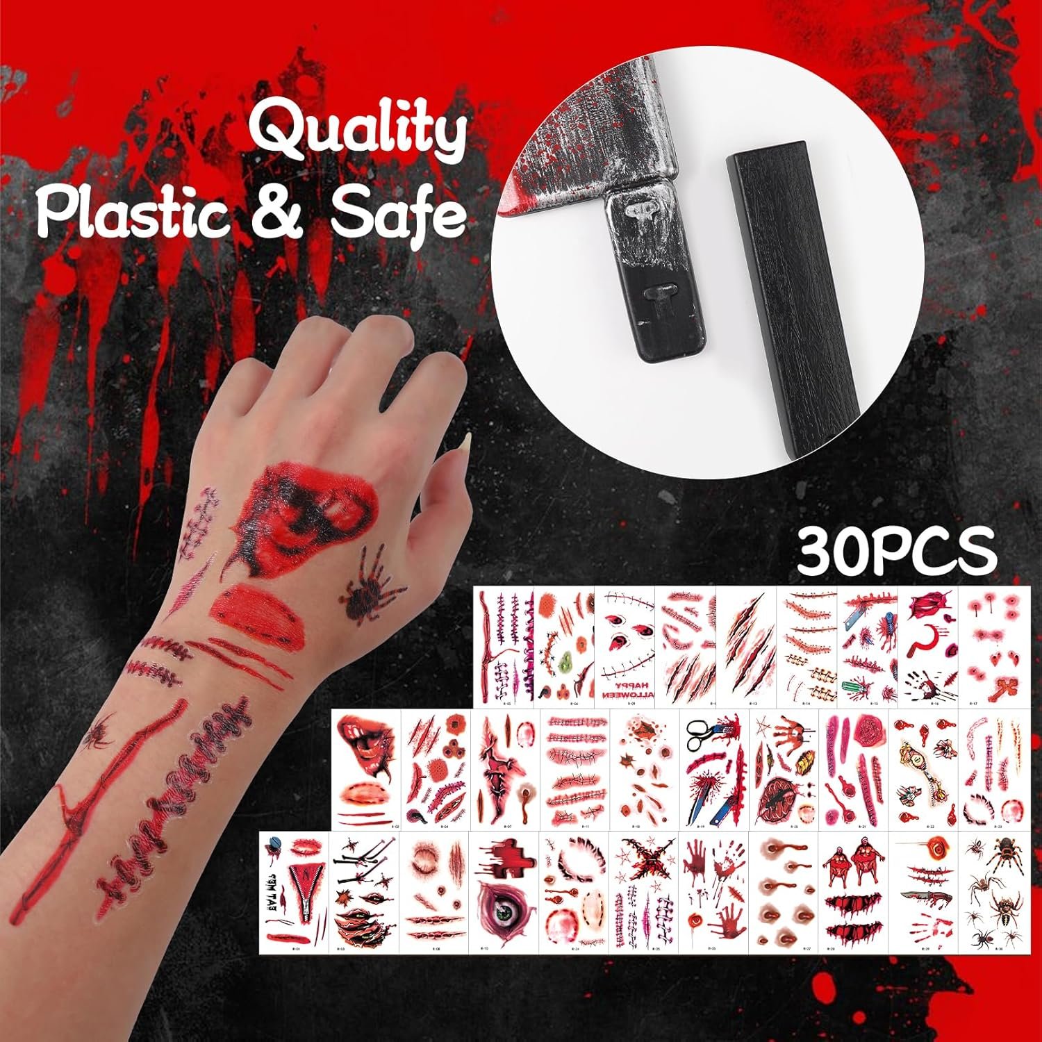 2Pcs Fake Chucky Knife with 30pcs Tattoo Stickers,Halloween Bloody Ghostface Props Toy Knife Set Horror Movie Scream Props Knife Scary for Halloween Costume Cosplay Accessories and Makeup Parties - Image 3