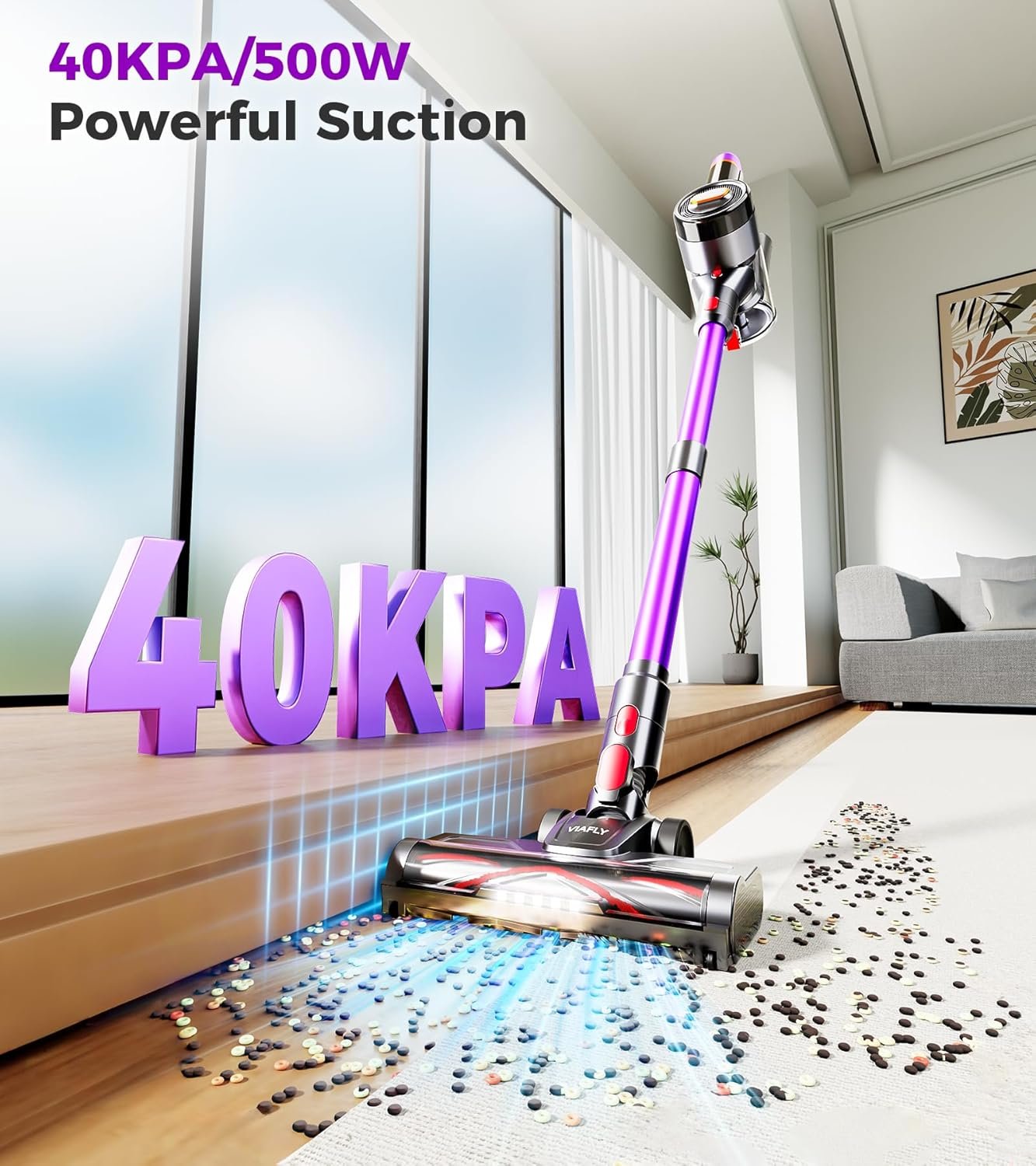 Cordless Vacuum Cleaner, 500W 40Kpa 60Mins Vacuum Cleaners for Home, Anti-tangle Stick Vacuum with Self-Standing, Wall Mount Charging, LED Display, 8-in-1 Wireless Vacuum for Carpet Pet Hair Hardfloor - Image 2