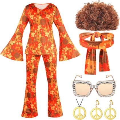 Shihanee 7 Pcs Women 70s Hippie Costume Accessories Disco Outfits Earring Necklace Headband Wig Glasses