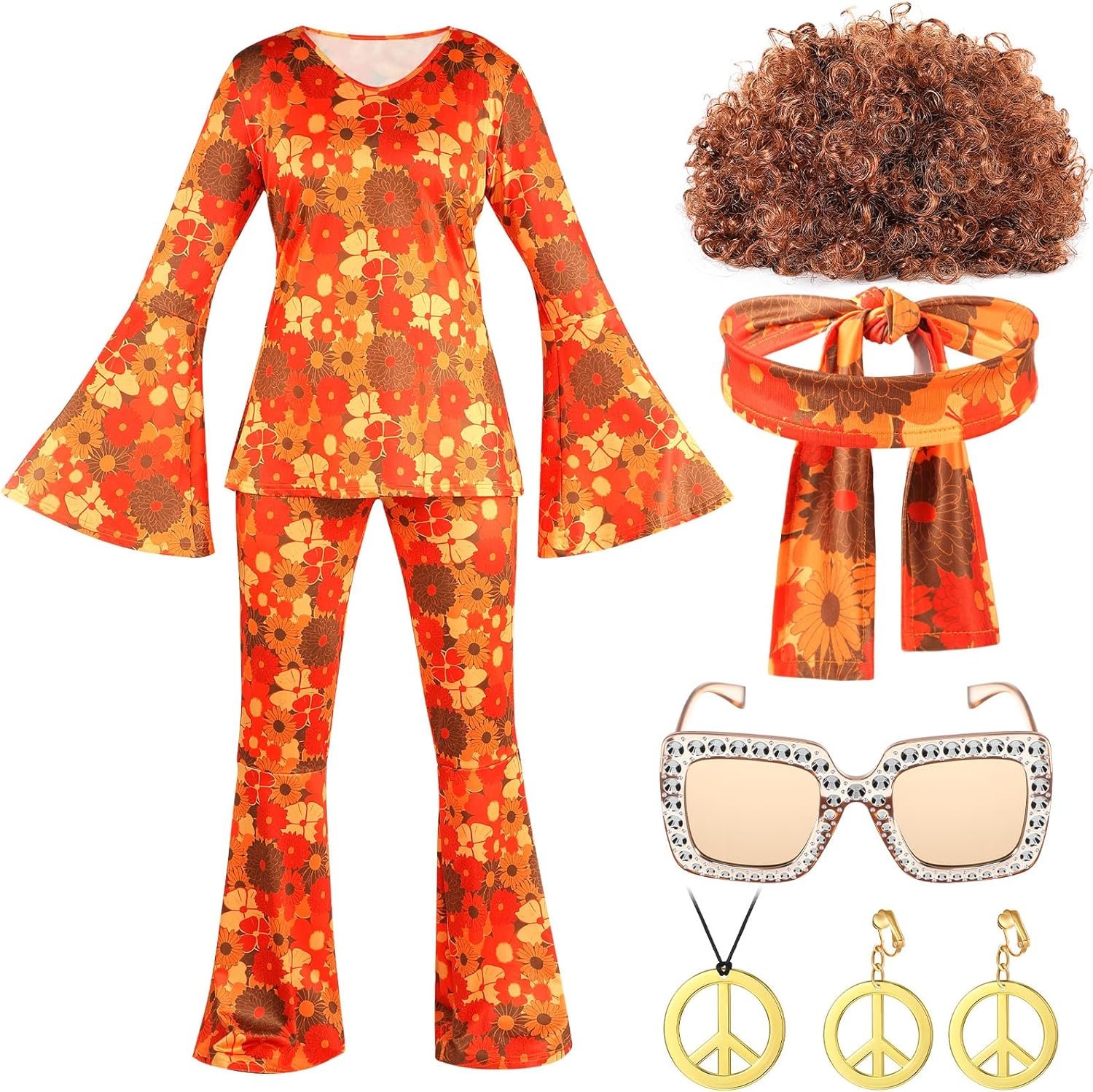 Shihanee 7 Pcs Women 70s Hippie Costume Accessories Disco Outfits Earring Necklace Headband Wig Glasses