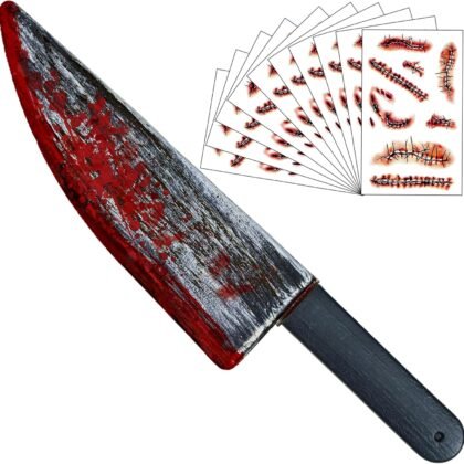 10 PCS Scar Tattoos 16 Inch Large Halloween Fake Knife Prop with Fake Blood for Chucky Costume Plastic Halloween Prop Knife for Costume Accessories Horror Cosplay