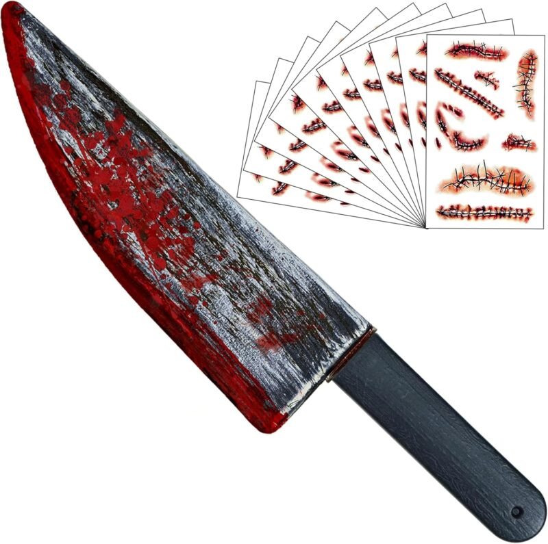 10 PCS Scar Tattoos 16 Inch Large Halloween Fake Knife Prop with Fake Blood for Chucky Costume Plastic Halloween Prop Knife for Costume Accessories Horror Cosplay