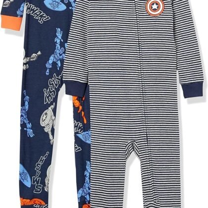 Amazon Essentials Disney | Marvel | Star Wars Unisex Babies' and Toddlers' Snug-Fit Cotton Footed Pajamas, Multipacks