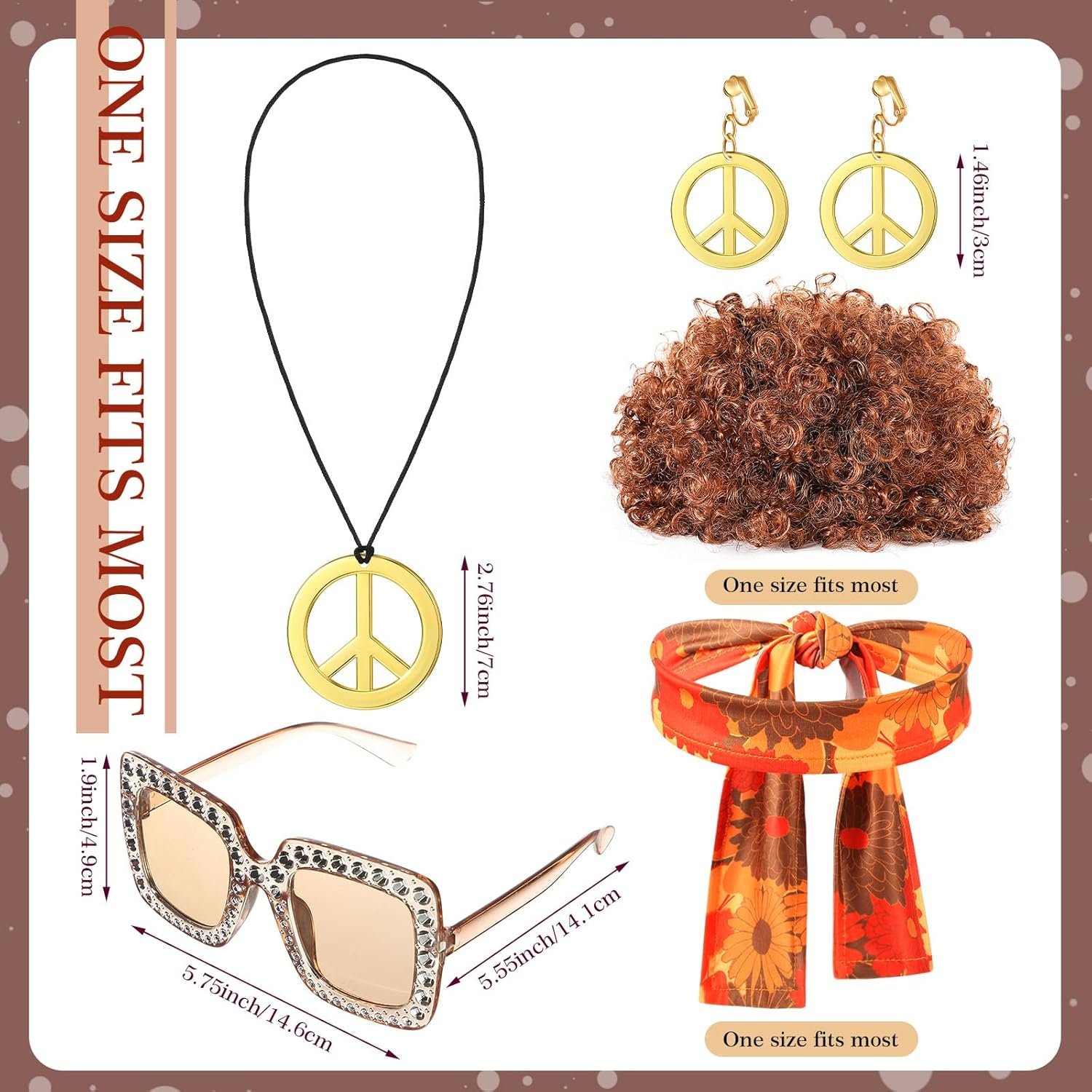 Shihanee 7 Pcs Women 70s Hippie Costume Accessories Disco Outfits Earring Necklace Headband Wig Glasses - Image 2