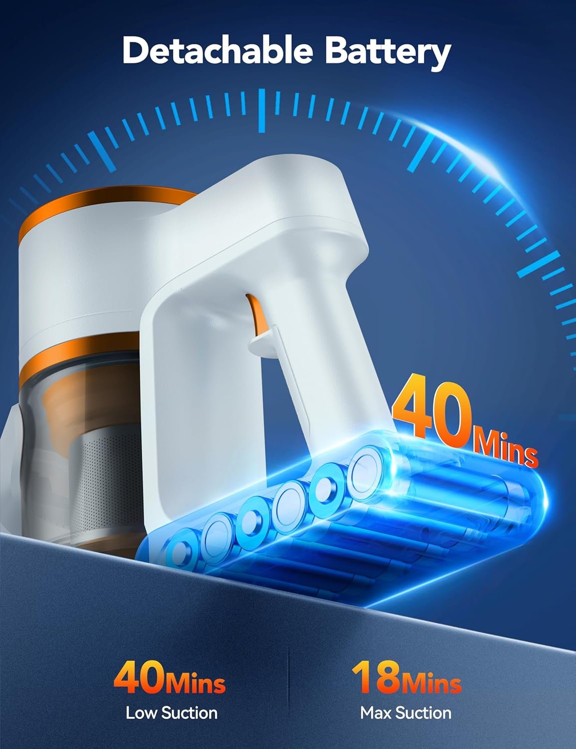 Cordless Vacuum Cleaner, 23Kpa Vacuum Cleaner with Rechargeable Battery, Household Vacuum with 40 mins Runtime and 2 Speeds for Pet Hair and Hardwood Floor Orange - Image 2