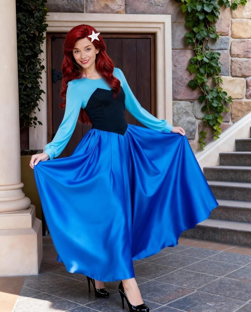 Poboola Ariel Costume Women Mermaid Princess Dress Adult Halloween Party Cosplay Blue Classic Fancy Dress with Headwear - Image 5