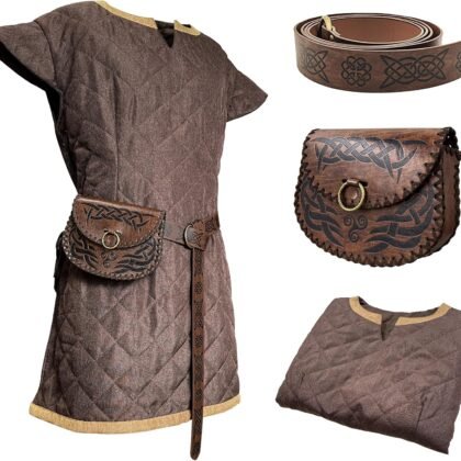 HiiFeuer Medieval Costume Tunic, With Vintage Belt and Bag, Mercenary Knight Body Cloth Armor, Renaissance LARP Cosplay Set