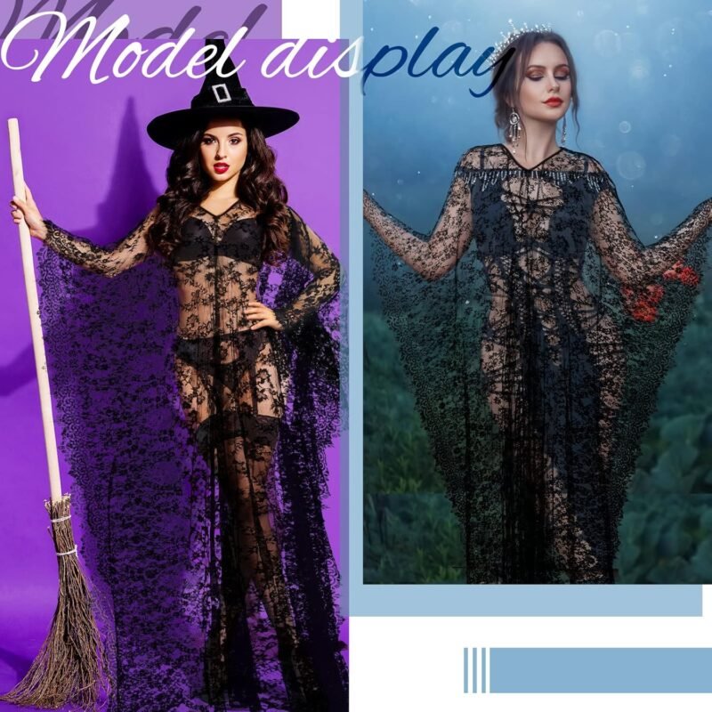 Mepase Boho Witch Lace Kimono Kaftan Dress Robe Bikini Swimsuit Beach Cover up for Women Maternity Halloween Vampire Costume - Image 5