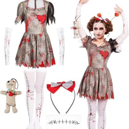 Libima Voodoo Costume Women Creepy Doll Cosplay Dress Set Silk Stockings Gloves Scar Tattoos Sticker Bow Headpiece