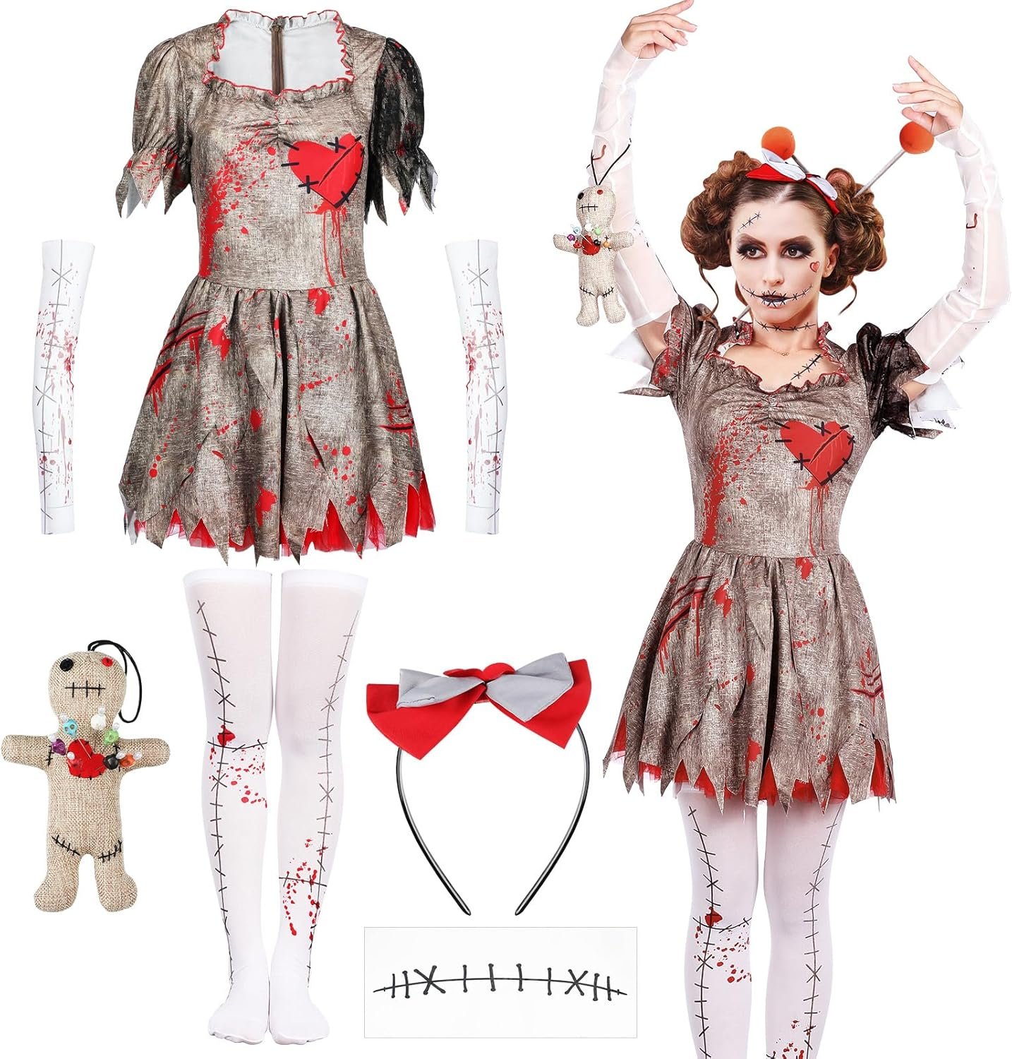 Libima Voodoo Costume Women Creepy Doll Cosplay Dress Set Silk Stockings Gloves Scar Tattoos Sticker Bow Headpiece