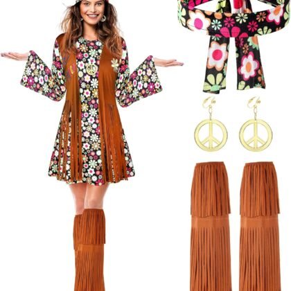 SATINIOR 70s 60s Hippie Costume Set 70s Outfits Accessories for Carnival Party Halloween Women Disco Dress