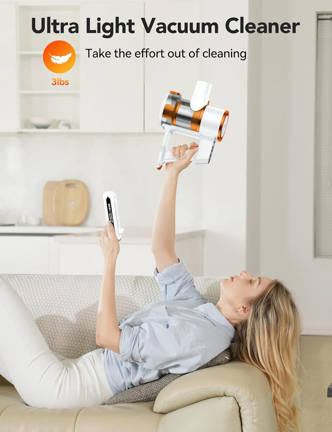 Cordless Vacuum Cleaner, 23Kpa Vacuum Cleaner with Rechargeable Battery, Household Vacuum with 40 mins Runtime and 2 Speeds for Pet Hair and Hardwood Floor Orange - Image 3