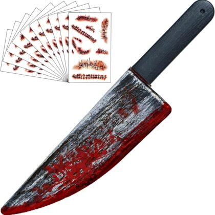 10 Sheets Scar Tattoos 16 Inch Large Halloween Fake Knife Prop with Fake Blood for Chucky Costume Plastic Halloween Prop Knife for Costume Accessories Such As Horror Cosplay