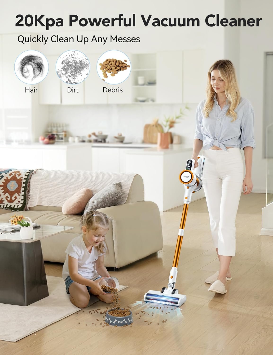 Cordless Vacuum Cleaner, 23Kpa Vacuum Cleaner with Rechargeable Battery, Household Vacuum with 40 mins Runtime and 2 Speeds for Pet Hair and Hardwood Floor Orange - Image 6
