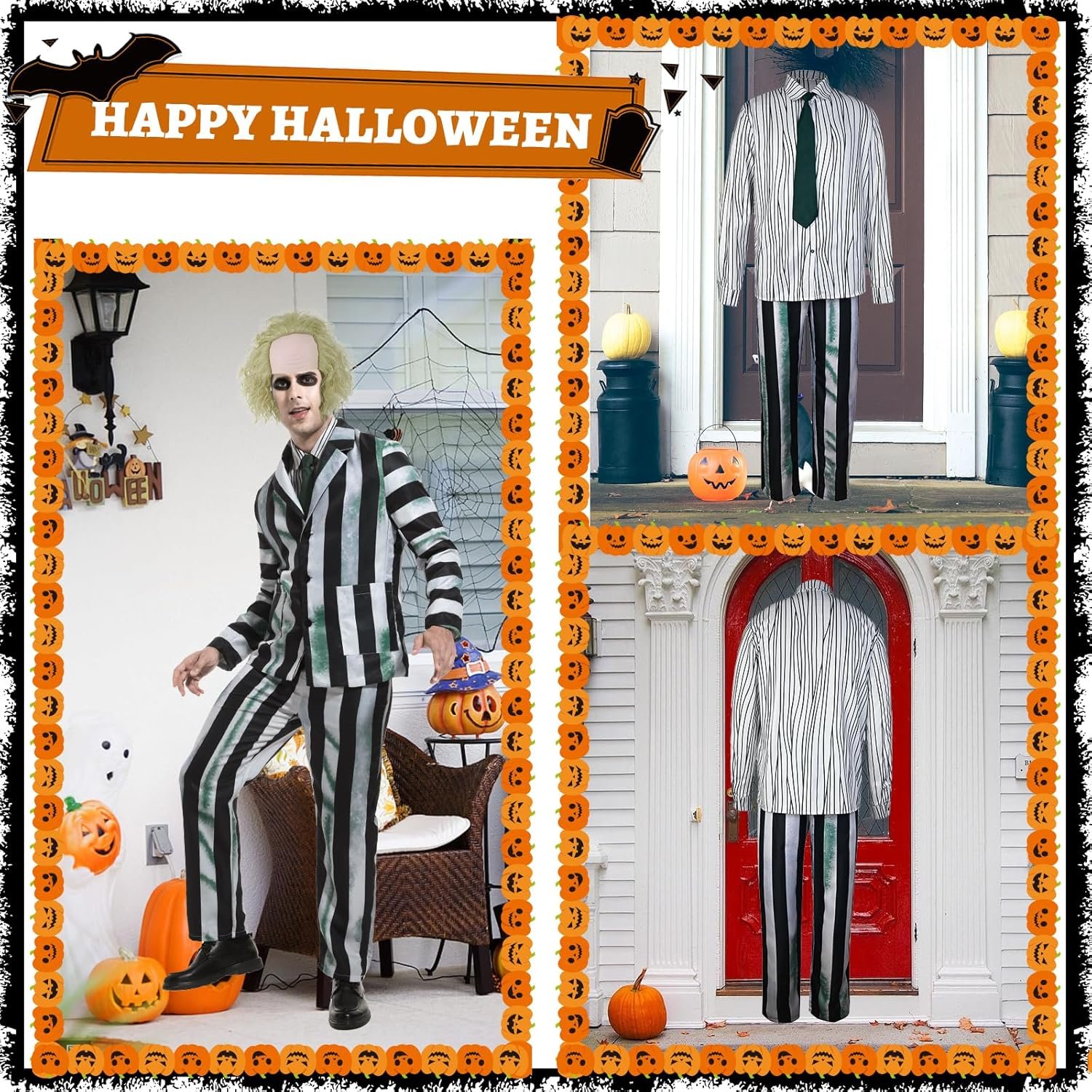 Adult Men Costume Black and White Striped Suit with Wig for Halloween Cosplay Party Outfit Horror Movie Character - Image 5
