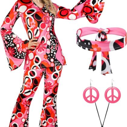 Haysandy 70s Outfit Women Disco Hippie Costume Accessories Pink Peace Disco Bottom Pants for Carnival Halloween Cosplay