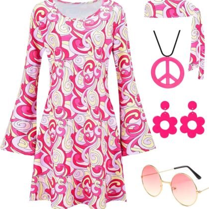 Hippie Costume for Women 60s 70s Disco Dress Outfits Peace Sign Necklace Earrings Sunglass Accessories Set