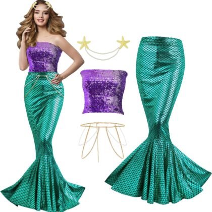 Newcotte 4 Pcs Mermaid Costume for Women Sequin Tube Top Skirt Pearl Waist and Head Chain for Halloween Cosplay