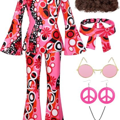 SOMSOC 7 Pack 70s Women Hippie Costume Set Boho Flared Pants Tie Dye Headband Necklace Earrings Wig for Halloween Cosplay