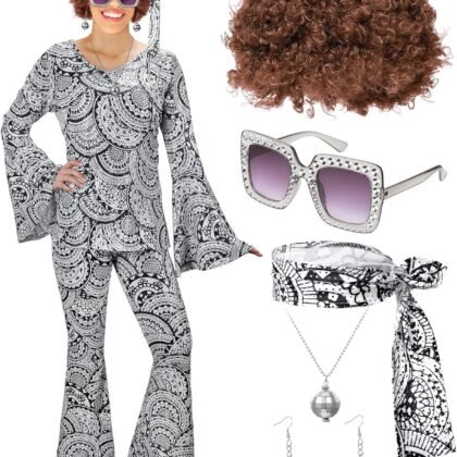 Jexine 7 Pcs 60s 70s Disco Outfits for Women Disco Party Costume Set Top Pants Sunglasses Ball Necklace Earring Wig Halloween