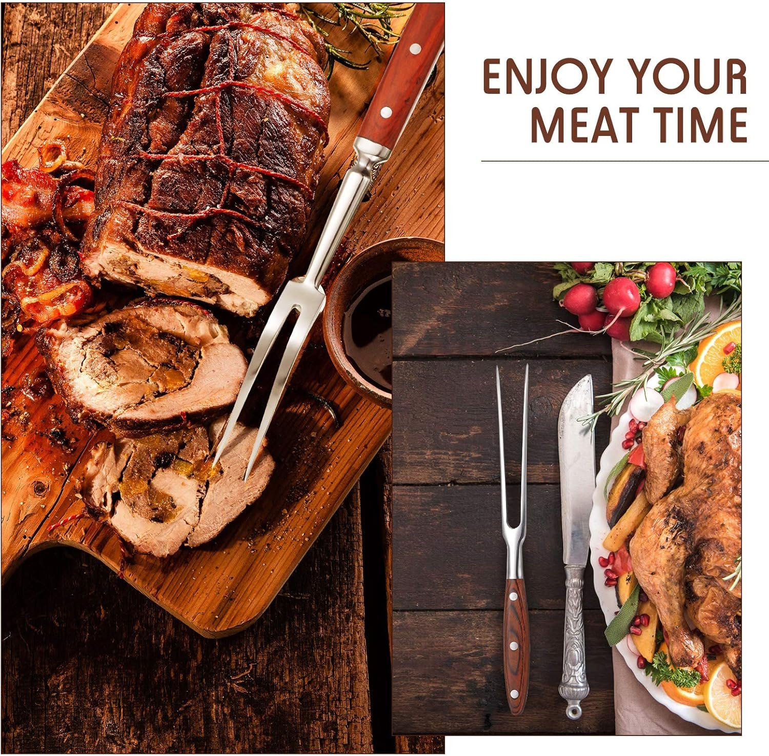 Patelai 2 Pcs Carving Meat Forks 12 in and 14 in Kitchen Stainless Steel Serving Grilling Beef Forks with Wooden Handle Xmas Large Cooking Forged Set for Home Family Party Roast BBQ Tools - Image 6