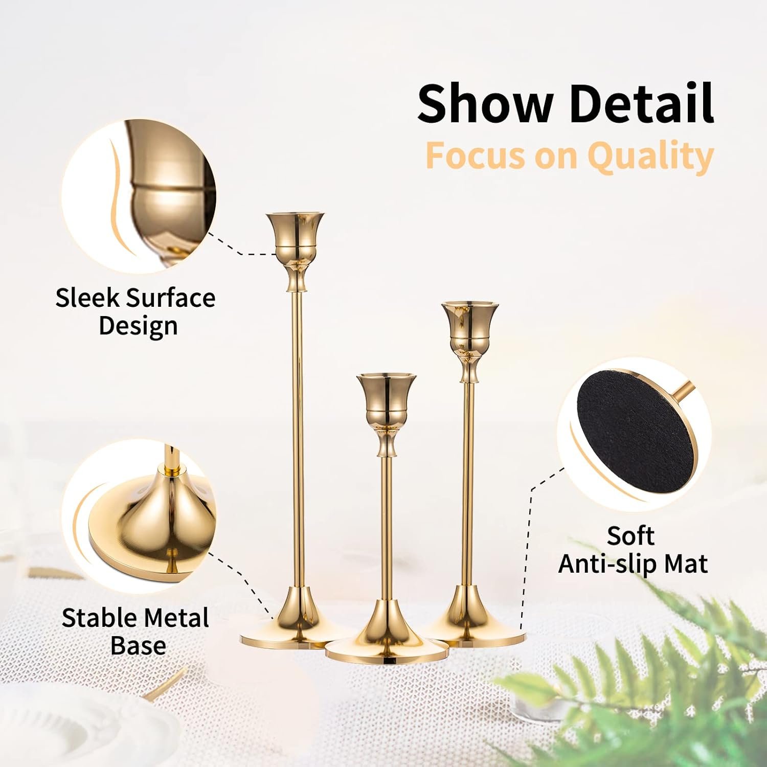 Candlestick Holders Taper Candle Holders, Set of 3 Candle Stick Holders Set, Brass Gold Candlestick Holder Set, Vintage Modern Decorative Centerpiece for Table Mantel Wedding Housewarming Gift - Image 6