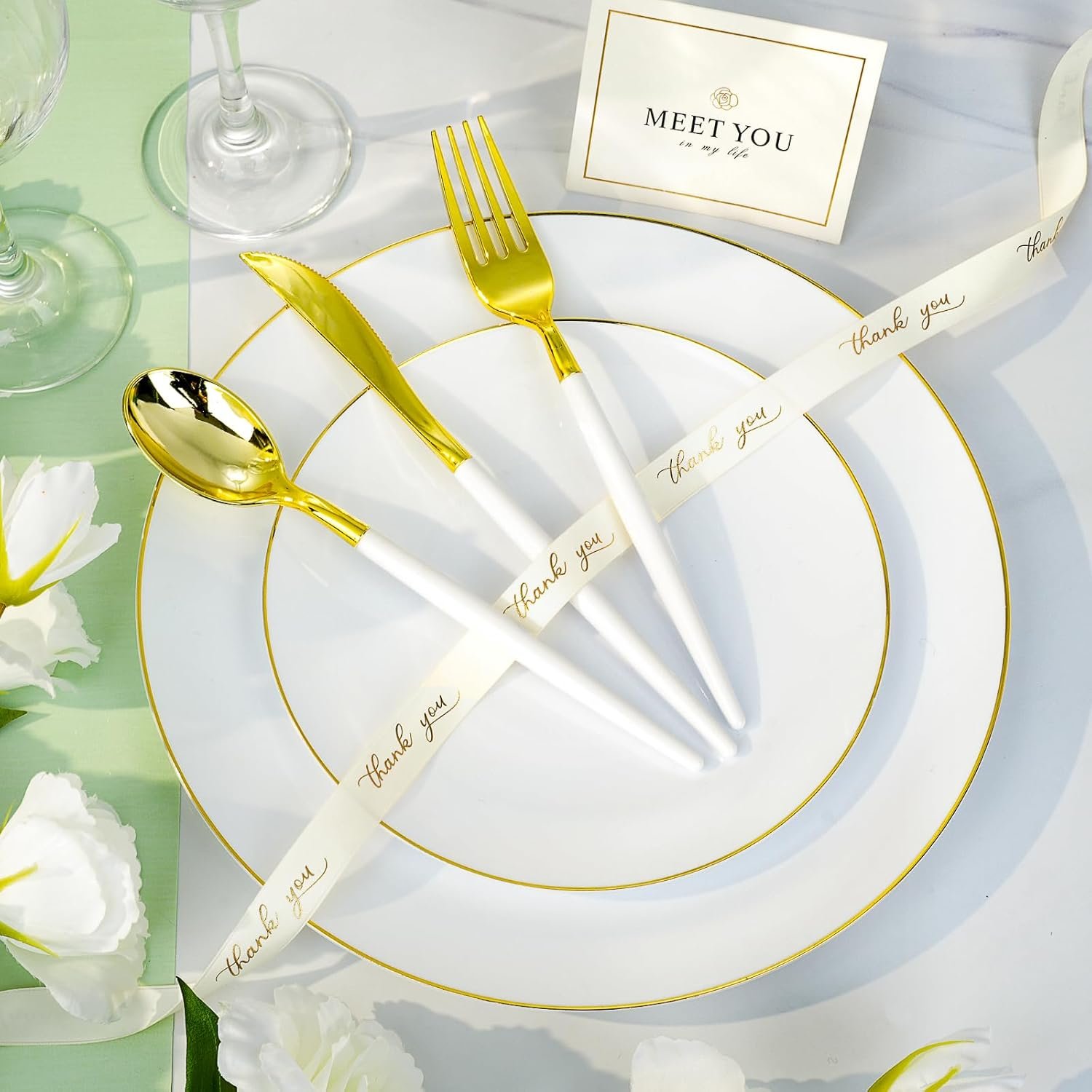 100 PCS Gold and White Plastic Plates, 7 inch White Disposable Plates for Party, Plastic Dessert/Salad Plates - Image 3