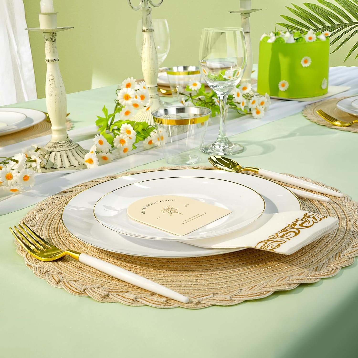 100 PCS Gold and White Plastic Plates, 7 inch White Disposable Plates for Party, Plastic Dessert/Salad Plates - Image 4