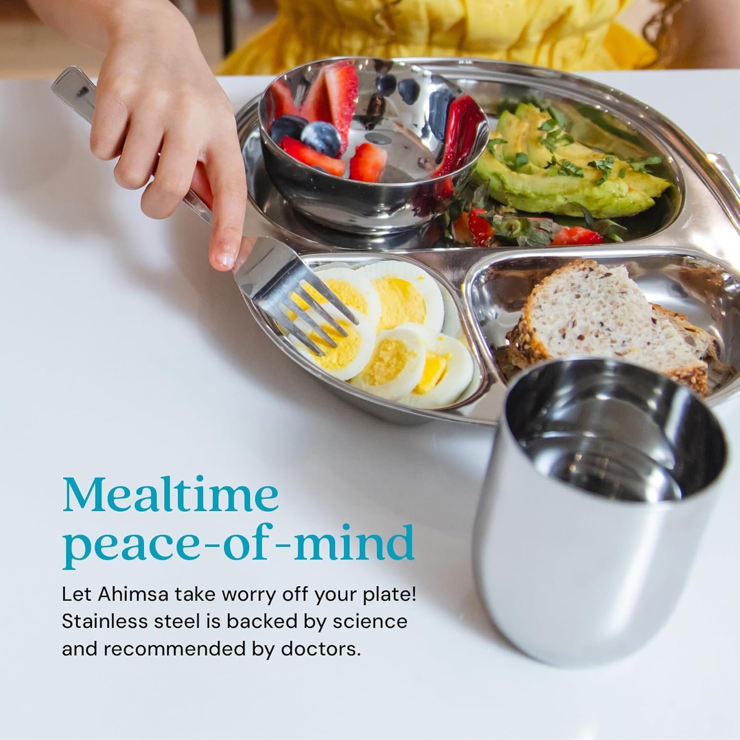 Ahimsa Stainless Steel Kids Dinnerware Set, Pediatrician Designed, 5 Piece Toddler Plates and Bowls Set, Stainless Steel Divided Plate, Cup and Kids Utensils - Image 3