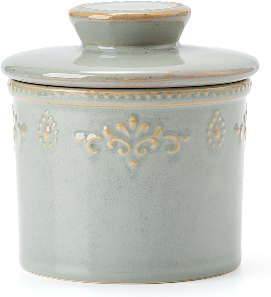 XELA Ceramic Butter Dish - French Butter Crock With Water Line - Keeps Your Butter Fresh and Spreadable - Vintage Turquoise