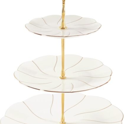 DUJUST Luxury Larger 3-Tier Cupcake Stand Tower, British Style Porcelain Serving Tray with Golden Trim, Food Grade Dessert Display Stand for Tea Party & Home Décor - 45% Larger Plates